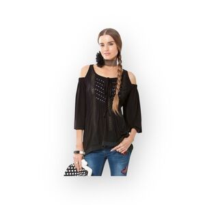 new Hale Bob ༄ Shaina Silk Crochet Cotton Voile Cold Shoulder Top ༄ Black XS
